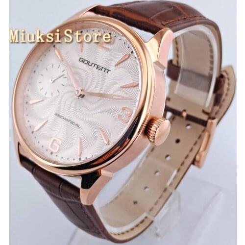 42mm mens fashion luxury watch white dial rose gold case brown leather Band 17 jewels 6497 Hand Winding movement