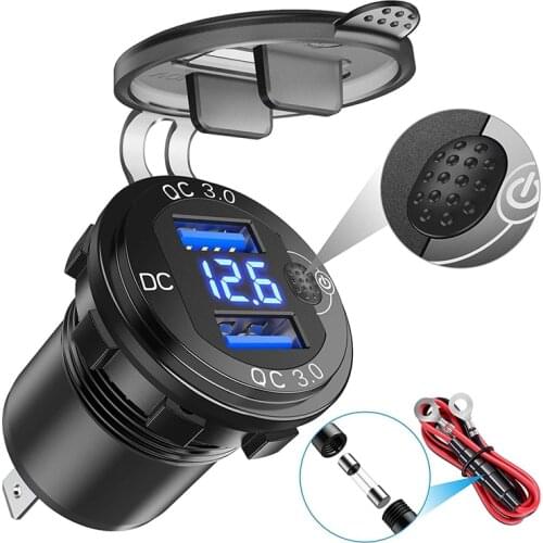 Quick Charge 3.0 Dual USB Car Charger with Voltmeter & ON/OFF Switch,36W 12V USB Outlet Fast Charger for Car Boat Marine