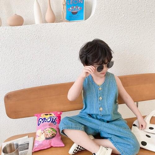 Baby Denim Rompers Summ New Kids Boys Girls Solid Korean Sleeveless Bodysuits 2-9 Y Children Fashion Denim Pants Baby One-pieces