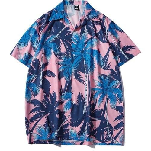 Hawaiian Coconut Tree Print Short Sleeve Shirts Men Harajuku Streetwear Loose Beach Casual Top Summer Hip Hop Beach Casual Shirt