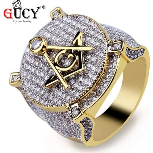 GUCY Hip Hop Ring Gold Color Plated Brass Material All Iced Out Micro Pave Cubic Zircon Masonic Ring Charm Jewelry For Men Gift