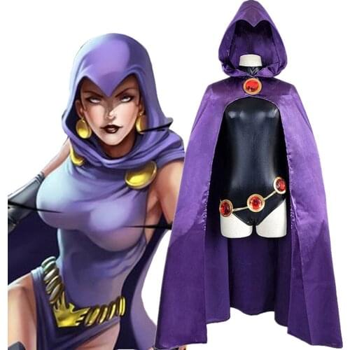Teen Titans Super Hero Raven Cosplay Costume Women Black Bodysuit Purple Hooded Cloak Jumpsuits Halloween Party Costume