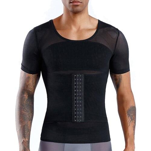 Mens Shirts Shaper Body Shaper Waist Back Support Suction Compression Top Coat T-Shirt Abdomen 3-Row Hook Eye Button Adjustable