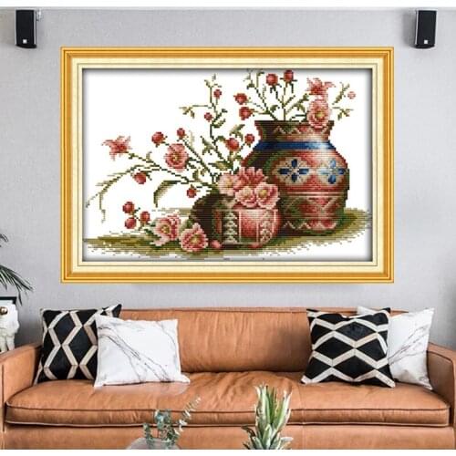 Flower in pot Printed Canvas Cross Stitch Kit Home Decore 14CT Canvas DMC Embroidery Needlework Cross-stitch set Handmade