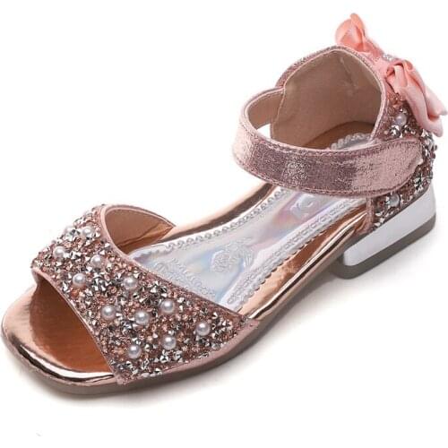 New Arrivals 2020 Kids Sandals Girls Summer Shoes Fashion Sequins Pearls Bow Princess Sandals Low Heels Children Girl Shoes Pink