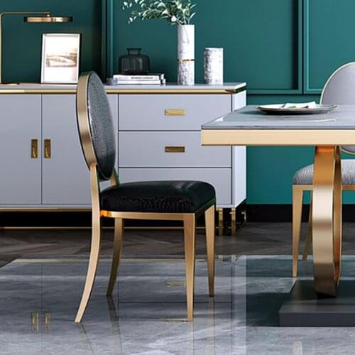 Nordic dining table and chair modern and simple light luxury stainless steel metal leather art back dining chair restaurant milk
