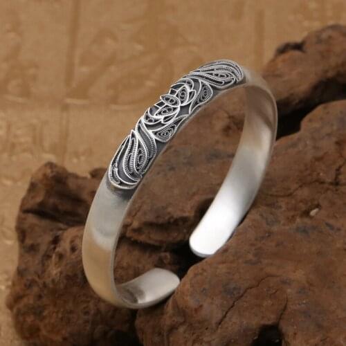 Wholesale S999 Sterling Silver Retro Thai Silver Simple Matte Face Lotus Pattern Men And Women Open Ended Bangle
