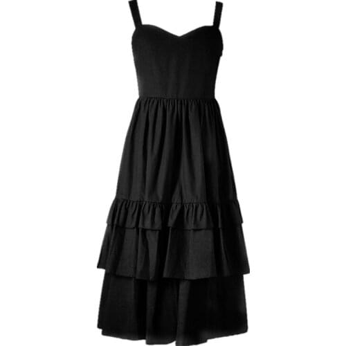 PERHAPS U Black Strap Square Collar Sleeveless Fit And Flare Cascading Ruffle Midi Dress Solid Summer Elegant D0542