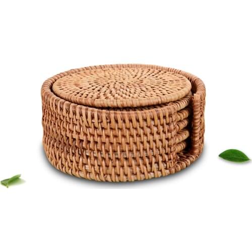Bamboo Coaster Serving Mat Set-6x Round Tea Rattan Insulation Mat-M 8cm W/ Frame