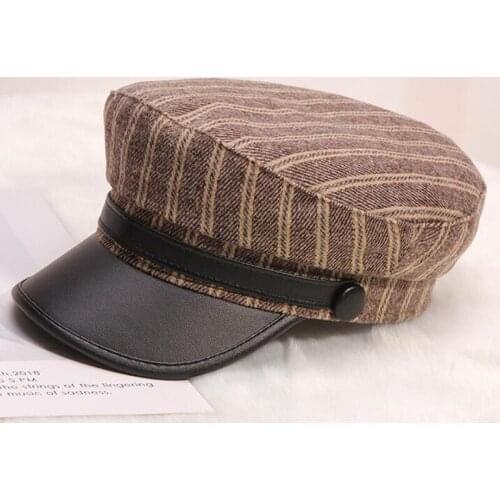 H279 Fall Winter Striped Military Cap Women Fashion Flat Top Navy Hat Female British Vintage Short Eave Outdoor All-match Hats