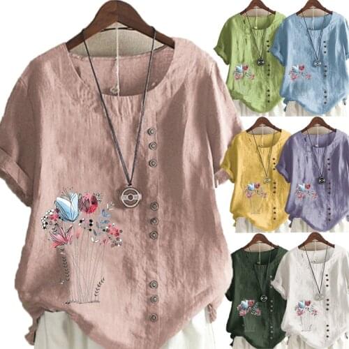 Women Blouse Loose Shirt Casual Top Plus Size Summer Tee Short Sleeve Round Neck Pullover Fashion Printing Graphic T-shirts