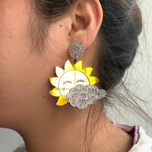 New Arrivals Mirror Gold Glitter Smile Face Sun and Moon Laser Cut Iridescent Acrylic Earrings For Women 2021 Fashion Jewelry