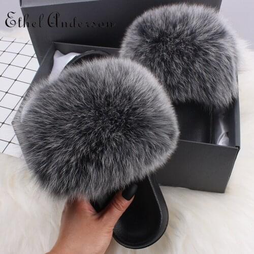 Womens Summer Fur Slides Real Fox Fur Slippers Outdoor Indoor Sliders Fashion Genuine Fur High Quality Fur Shoes