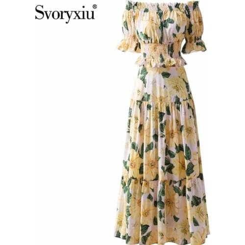 Svoryxiu Yellow Camellia Print Summer Runway Skirt Suit Womens Sexy Off Shoulder Toops + Maxi Skirt Two Piece Set