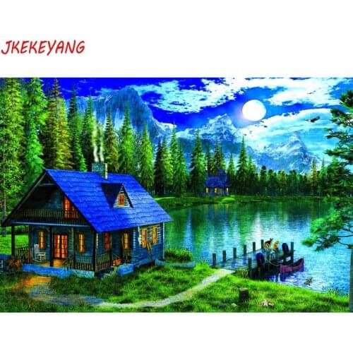 5D DIY square/round Diamond painting Lakeside Chalet Night Cross Stitch Diamond Embroidery Pattern Rhinestone J1709