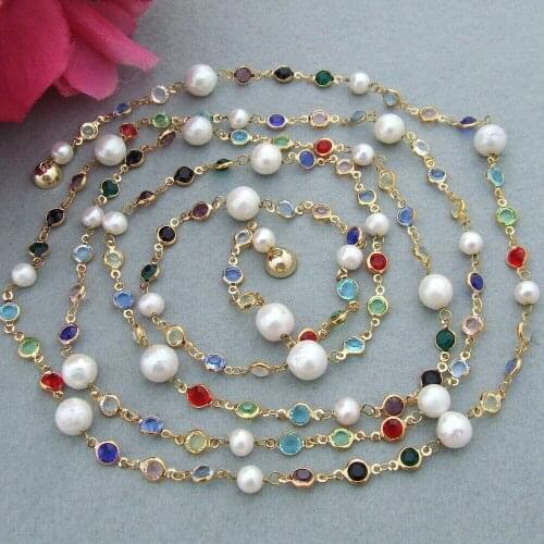 67'' natural freshwter White Round keshi Pearl cubic zirconia micro pave chain long Necklace gold color plated