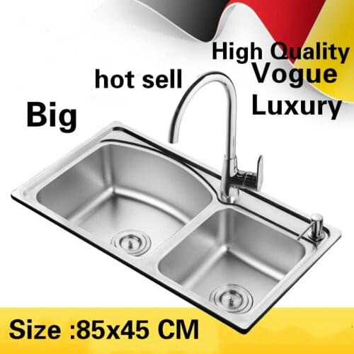 Free shipping Apartment wash vegetables luxurious large kitchen double groove sink 304 stainless steel hot sell 85x44 CM
