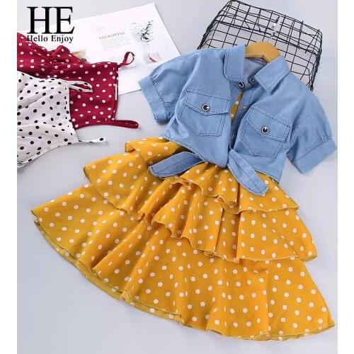 HE Hello Enjoy Teenager Kids Baby Girls Denim Jacket Polka Dot Slip Layered Dress Set Outfits Dress For Girl Elegant lady Casual
