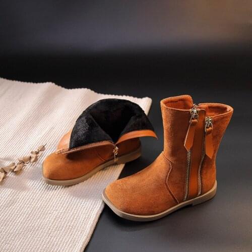 Short Plush Shoes Square Head Boots Side Zipper Girls Princess Shoes Children Martin Boots Solid Color Warm Winter Botas Shoes
