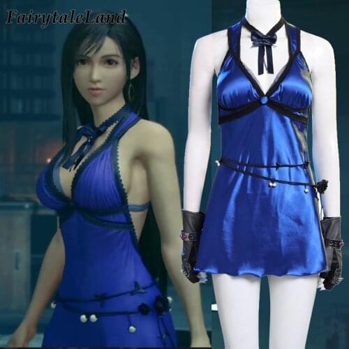 Tifa Cosplay Outfit FF7 Remake Blue Suit Final Fantasy VII Remake Tifa Lockhart Costume evening Dress with Choker Gloves