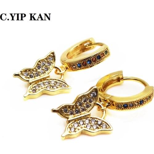 Micro zircon butterfly Earrings brass plated gold pendant earrings jewelry womens jewelry hand made earrings jewelry