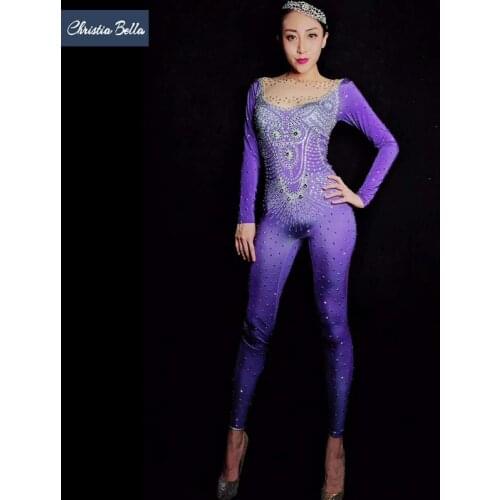 Fashion Purple Rhinestones Stage Jumpsuit Sexy Women Crystals Bodysuit Skinny Rompers Pole Dance Catsuit Performance Outfits