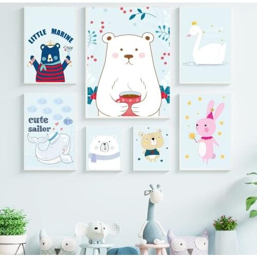 Cartoon Bear Dolphin Swan Rabbit Cloud Stars Wall Art Canvas Painting Nordic Posters And Prints Wall Pictures Kids Room Decor