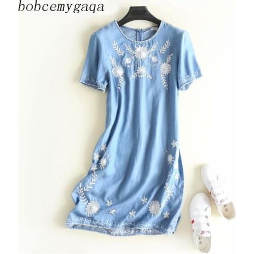 Embroidery soft jeans dress women short sleeves casual knee length summer denim dresses cotton cute light blue o-neck dress