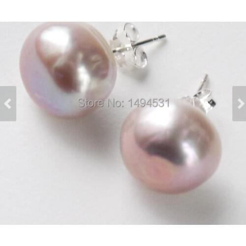 Wholesale Pearl Jewelry, Large Lilac Purple Genuine Freshwater Pearl Earrings 12mm S925 Sterling Silvers Post .Chirstmas Jewelry