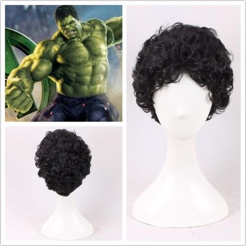 Superhero The Incredible Hulk Cosplay Wig Plant Hulk Robert Bruce Banner Curly Black Synthetic Hair for Adult + Wig Cap