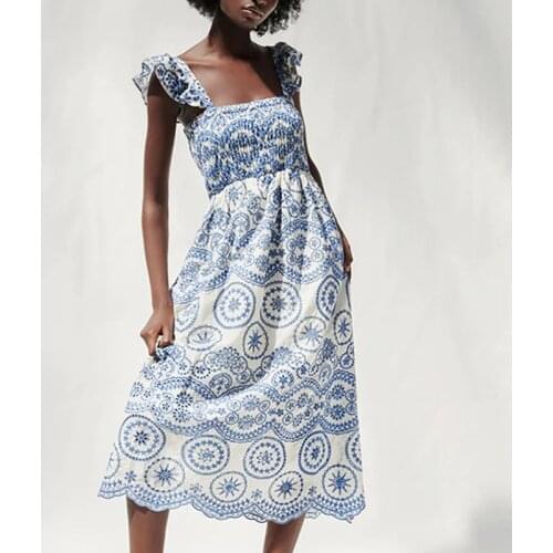 DUISNENA boho dress summer strap fly sleeve women dresses white blue ethnic floral embroidery robe casual mujer vestidos