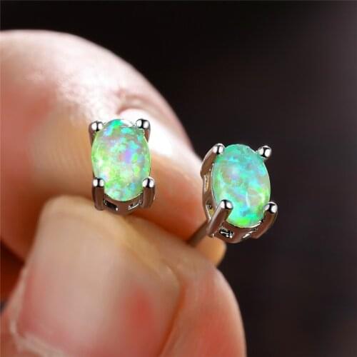 Simple Female Green Opal Stone Earrings Dainty Silver Color Wedding Earrings Classic Bride Oval Small Stud Earrings For Wome