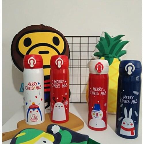 Merry Christmas Stainless Steel Thermo Cup Travel Coffee Mug Car Water Bottle Bouncing Cover Bottle Vacuum Flasks Christmas Gift