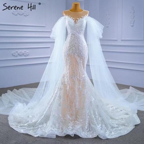 Serene Hill White Nude Mermaid Wedding Dresses 2021 Beaded Lace Elegant Cape Sleeves Bride Gowns HM67294 Custom Made