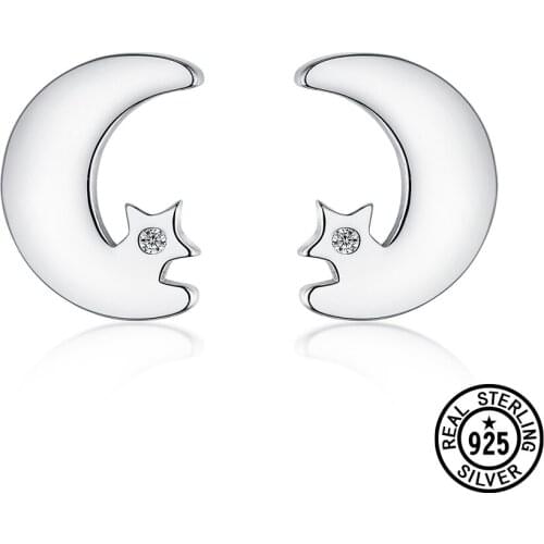 925 Sterling Silver Earrings Moon Star Sweet Cute Simple Lovely Stud Earring For Women Girls Gifts Delicate Fine Jewelry