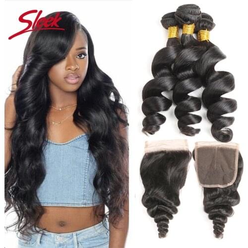 Sleek Brazilian Loose Wave Hair Weave Bundles With Closure Remy Human Hair 3 Bundles With Closure Natural Color Free Shipping