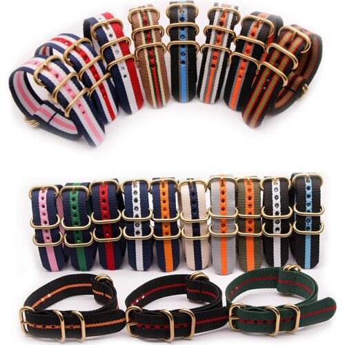 Gold Color Heavy Duty Five Ring Buckle Nylon Strap 18MM 20MM 22MM 24MM for NATO Strap Style Replace Watchband 41Colors Options