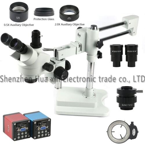Double Boom Stand Stereo Trinocular Microscope Simul Focal 3.5X-90X Zoom 14MP 1080P HDMI VGA Camera 0.5X 1X 2X Objective Lens