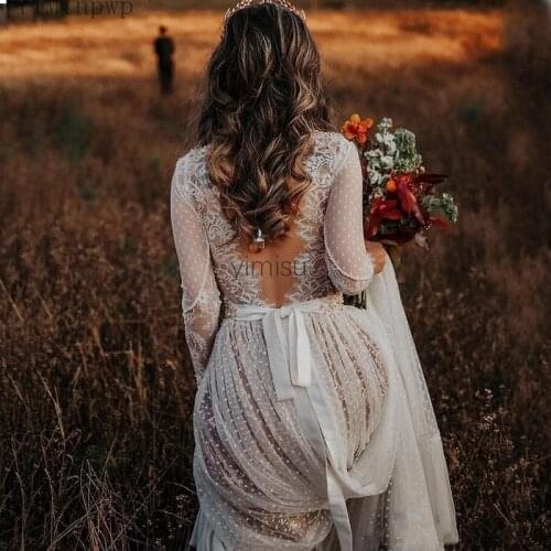 YiMinpwp Bohemian Wedding Dresses Deep V Neck Long Sleeve Backless Sweep Train Ruched Lace Beach Boho Bridal Gowns Vestidos