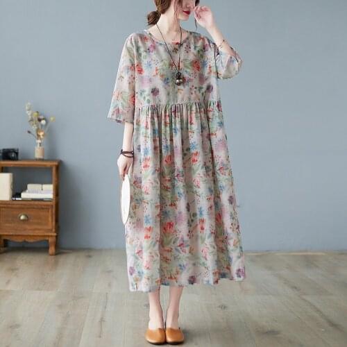 Oversized Women Summer Casual Dress New Arrival 2021 Vintage Style Floral Print Loose Comfortable Female Long Dresses B832
