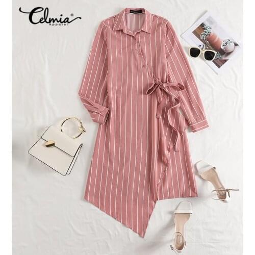Bohemian Striped Dress Celmia 2021 Women Lapel Elegant Party Sundress Long Sleeve Asymmetrical Bandage Office Shirt Dresses 5XL
