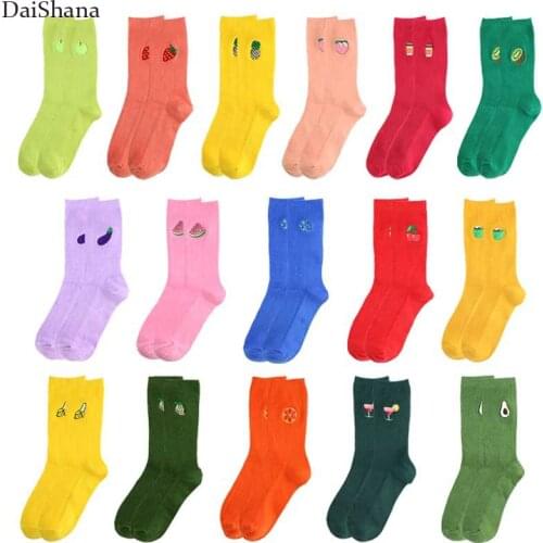 1 Pairs Women Socks Cartoon Embroidered Fruit Avocado Socks Korean Japanese Cute Kawaii Long Socks Funny Girls Warm Socks Meias