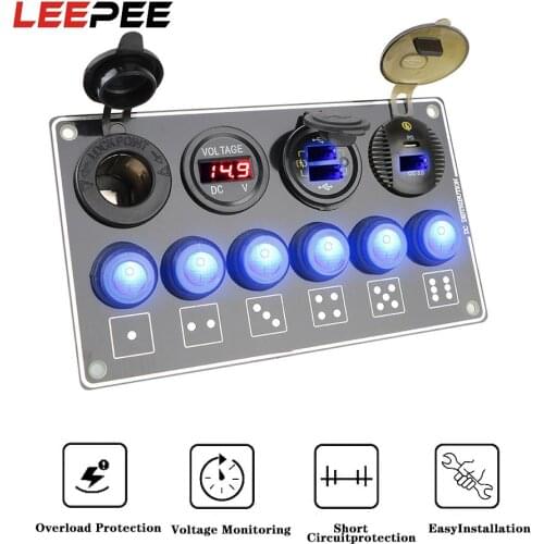 6 Gang PD Car Switch Panel for RV Car Marine USB LED Voltage Display 12/24V QC3.0 Quick Charger