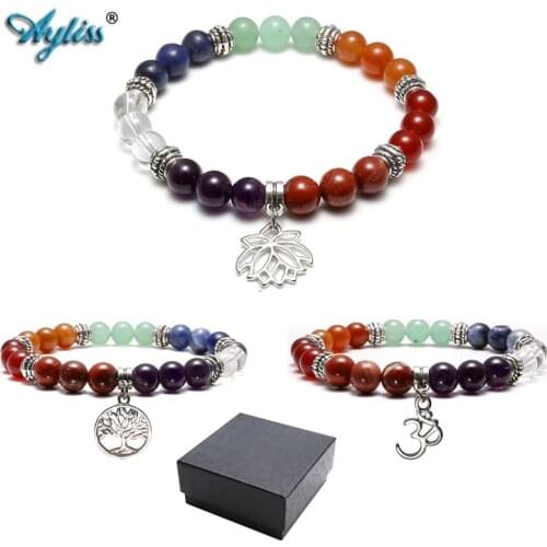 Ayliss Natural Stone Stretch Bracelets Tree of Life Lotus OM Symbol 7 Chakra Bracelet For Yoga Meditation Healing Balancing