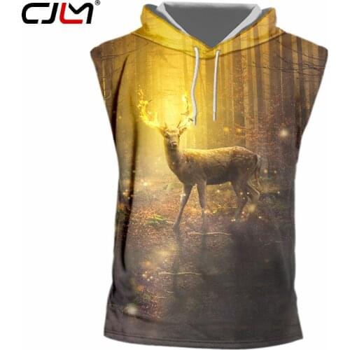 CJLM Mens Harajuku New Loose 3D Printed Funny Golden Deer Short Sleeve Hooded Tank Top Big Size 5XL