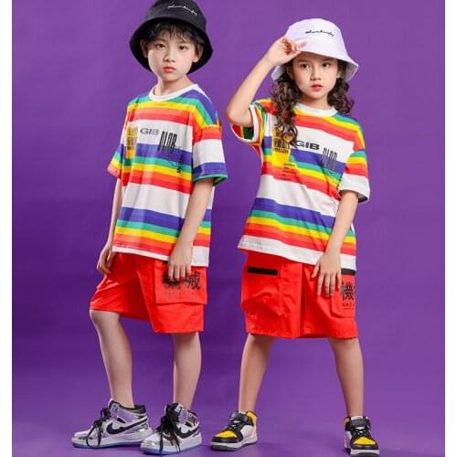 Children Hip Hop Clothing Striped Oversized T Shirt Top Cargo Summer Running Shorts For Girls Boys Jazz Dance Costume Clothes