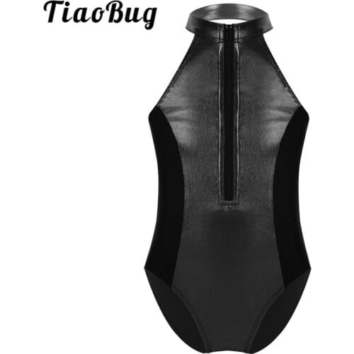 TiaoBug Girls Sleeveless Front Zipper Gymnastics Leotard Open Back Splice Children Ballet Leotard Gym Bodysuit Kids Dance Wear