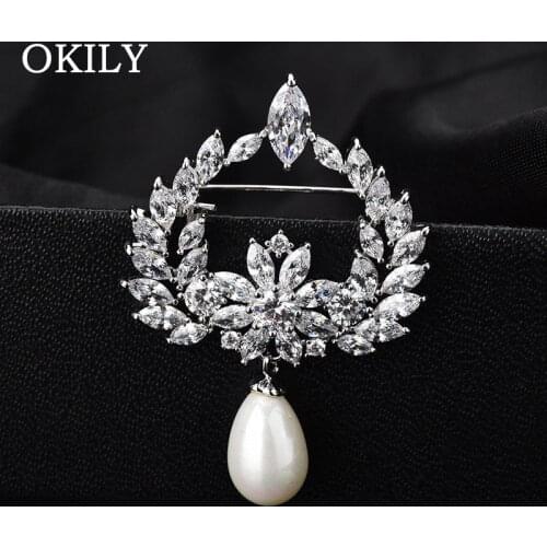 Graceful CZ Brooch Pins Silver-color Zirconia Simulated Pearl Brooches for Women Exquisite Scarf Coat Suit Jewelry Accessories