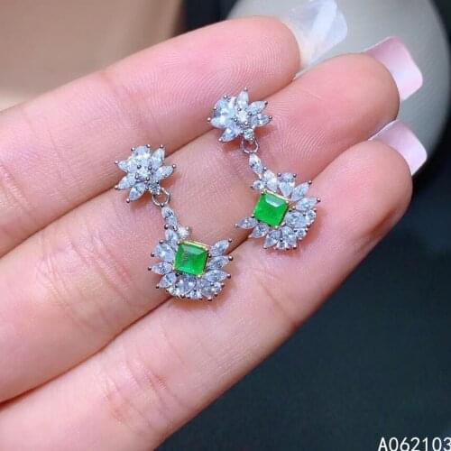 KJJEAXCMY 925 sterling silver inlaid natural emerald Womens simple elegant fresh square plant gemstone Earrings support detecti