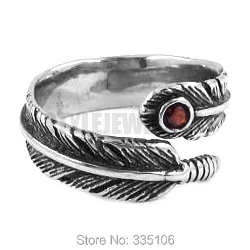 Red Crystal Eagle Feather Ring Stainless Steel Jewelry Fashion Vintage Motor Biker Women Ring Wholesale SWR0339A